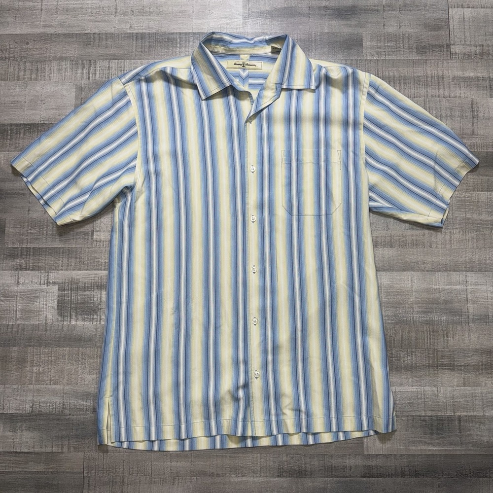 Tommy Bahama Men's Silk Striped Hawaiian Camp Button Down Shirt Size Medium
